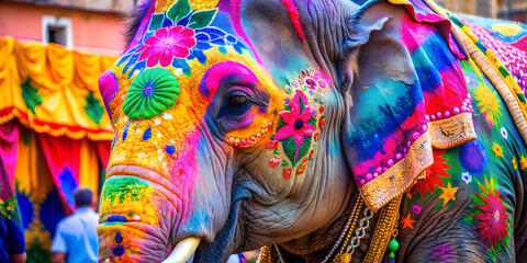 Vibrant Hand-Painted Elephant Adorned with Flowers for Festive Durga Puja Celebration
