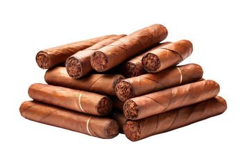 Hand-Rolled Cigars Stacked Neatly With Rich Brown Leaves Under Soft Ambient Light on White or PNG Transparent Background.