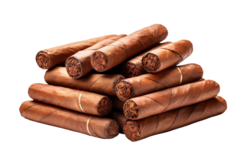 Hand-Rolled Cigars Stacked Neatly With Rich Brown Leaves Under Soft Ambient Light on White or PNG Transparent Background.