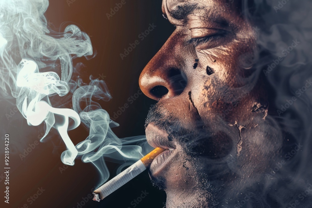Poster surreal image of a smoker with smoke morphing into various abstract forms representing the unpredict