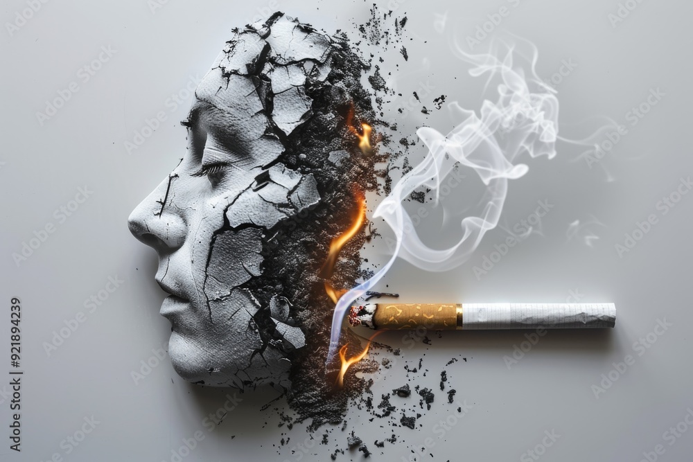 Poster artistic close up of a disintegrating face enveloped in smoke symbolizing the gradual decay caused b