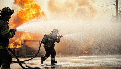 Obraz premium A firefighter battles a blazing fire with a pressurized hose, creating a dramatic scene with water slicing through smoke, flames, and dynamic motion.
