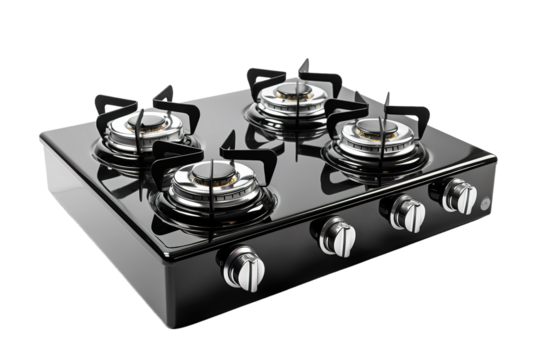 Modern Black Four-Burner Gas Stove Perfectly Positioned on Kitchen Countertop for Culinary Creations at Home on White or PNG Transparent Background.