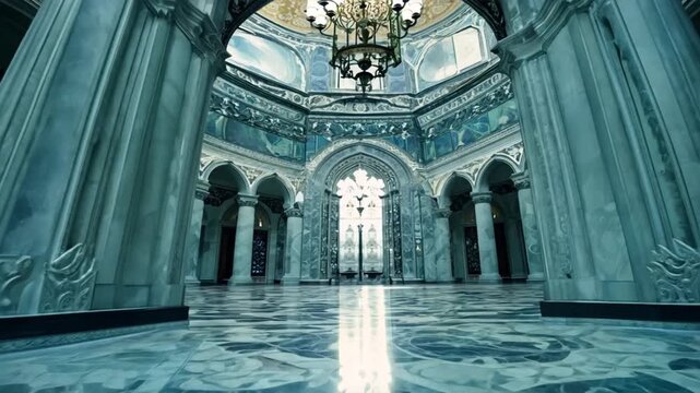 Opulent Marble Columns and Luxurious Chandeliers in Historic Palace Interiors - Grand Symmetrical Design and Elegance