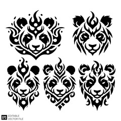 set of tribal flame panda head vector illustration black and white silhouette graphic design template
