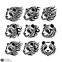 set of tribal flame panda head vector illustration black and white silhouette graphic design template