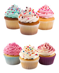 set of cupcakes with sprinkles isolated on white transparent png.