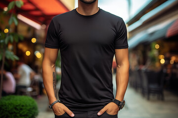 Fototapeta premium Model T-Shirt Mockup, man wearing black t-shirt on street blurred background, Shirt Mockup Template design print, Male guy wearing t-shirt mockup placement
