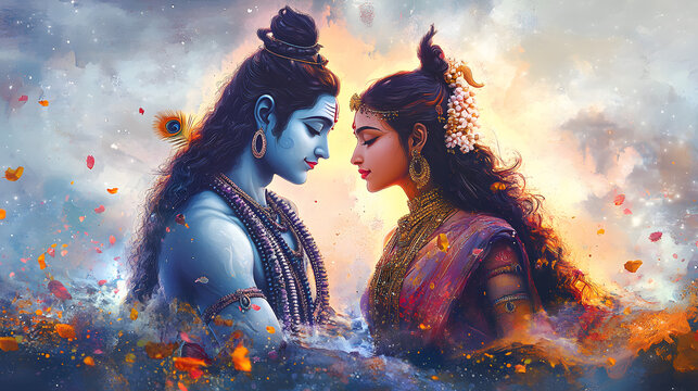 Beautiful digital painting of lord Shiva and Parvati in a heavenly setting perfect for home decor