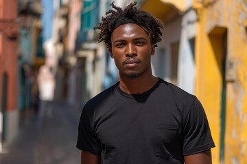 Model T-Shirt Mockup, afro american man wearing black t-shirt on street blurred background, Shirt Mockup Template design print, Male guy wearing t-shirt mockup placement