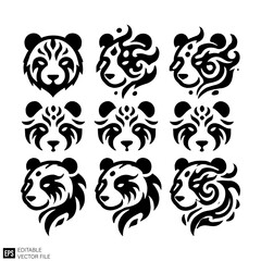 set of tribal flame panda head vector illustration black and white silhouette graphic design template