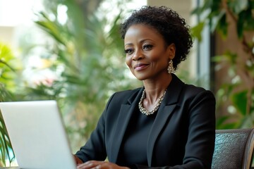 Happy mature middle aged professional business african woman bank worker or hr manager, corporate executive looking away at work working on laptop computer in office thinking of business technology fu