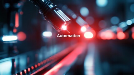 Fototapeta premium Robotic factory assembly line, the word 