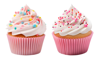 cupcake with white frosting icing and sprinkles isolated on white transparent png.