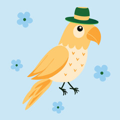 Amazon parrot with a light orange body, black legs, an arrow pattern on body, looking closely at the hat on its head. blue wildflower Cute cheeky vector