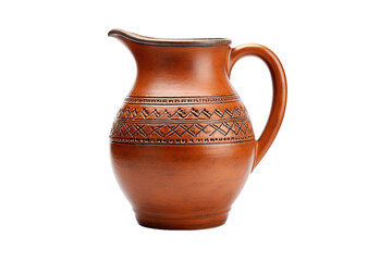 Artisanal Handmade Clay Jug Displaying Intricate Tribal Patterns in Soft Natural Light on White or PNG Transparent Background.