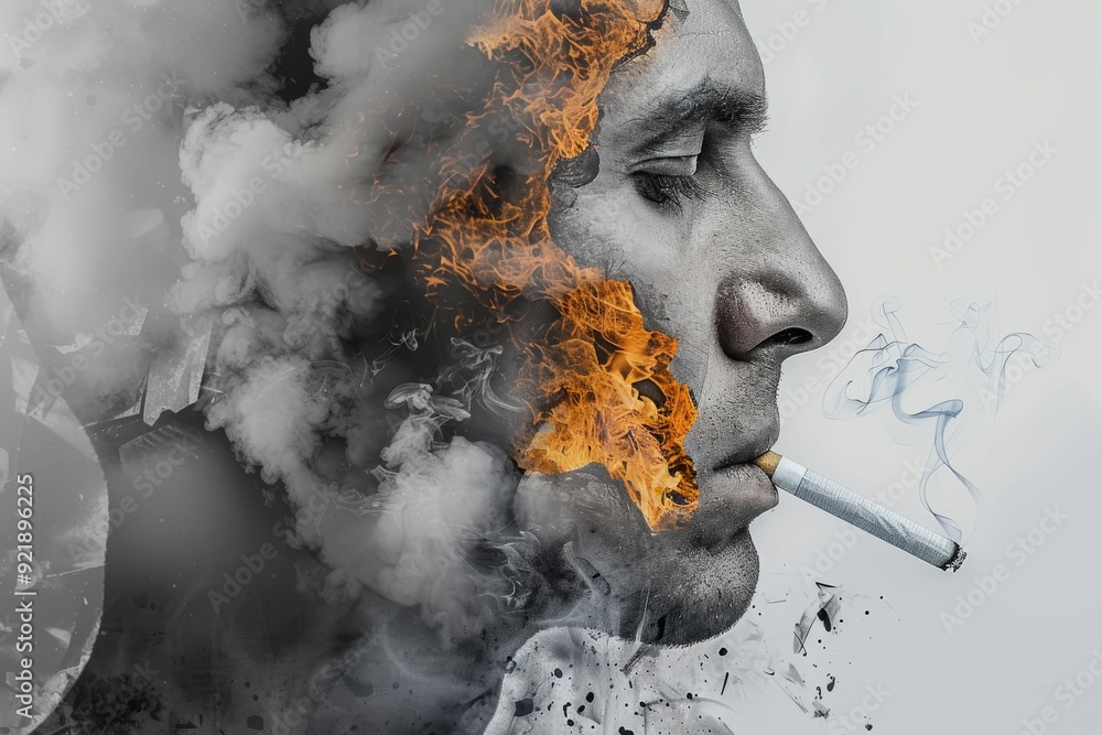 Poster explosive visual of a face disintegrating with cigarette butts illustrating the destructive impact o