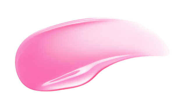 Pink lip oil or lip gloss swatch texture. Glossy liquid lipstick smear. Makeup product smudge isolated on transparent background