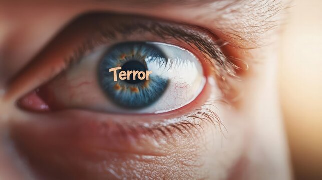 Person looking fearful, the word "Terror" in the wide eyes
