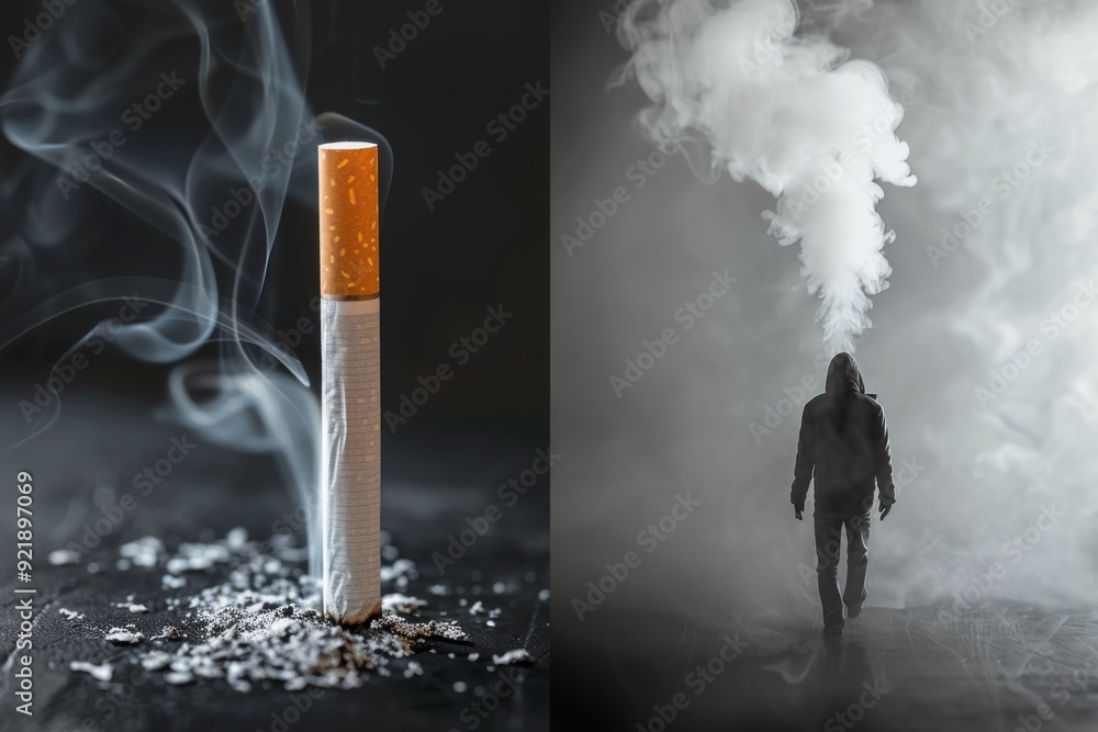 Poster vivid depiction of a cigarette transforming into a skeleton symbolizing the deadly consequences of s