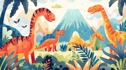 Obraz premium A group of dinosaurs explores a vibrant, prehistoric jungle under a majestic mountain backdrop