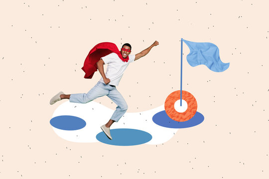 Creative collage young man superhero flag destination finish achievement accomplish goal reach success persistence flight cloak mask