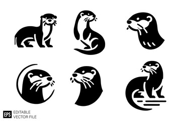 set of otter vector illustration black and white silhouette graphic design template