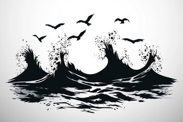 Obraz premium Silhouette of Ocean Waves with Birds Flying Over
