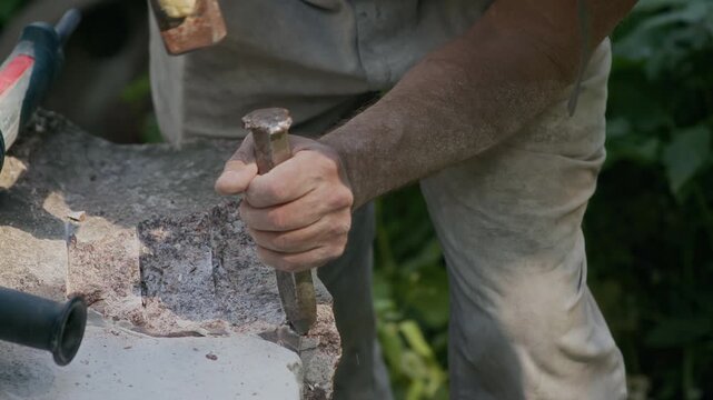 Cropped slowmo shot of unrecognizable professional craftsman using hammer and chisel while carving piece of natural stone outdoors
