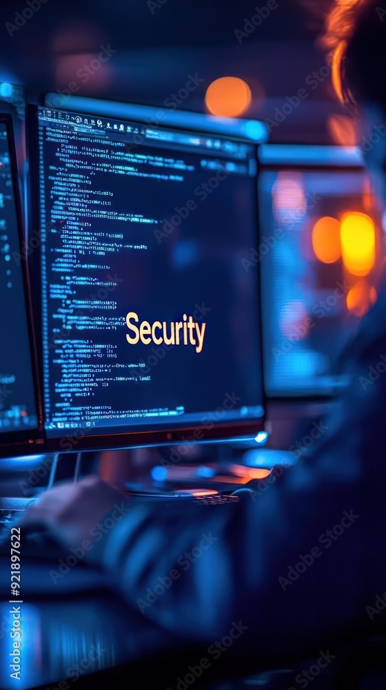 Fototapete cybersecurity analyst at a desk with multiple monitors, the word 