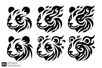Obraz premium set of tribal flame panda head vector illustration black and white silhouette graphic design template