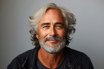 Obraz premium Happy laughing old bearded business man leader executive, smiling middle aged old senior confident professional businessman wearing suit standing arms crossed isolated on white wall, portrait.