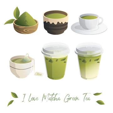 Matcha Green Tea drink Vector set.