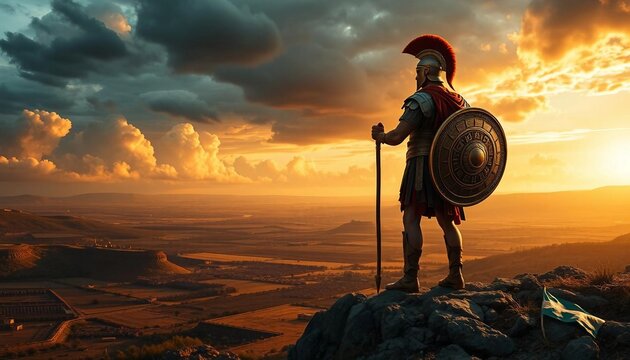 A Spartan warrior stands on a mountain top with armor and a spear, featuring a cinematic view and landscape.