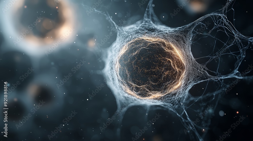 Aufkleber abstract microscopic image of a cell with a glowing nucleus and intricate network of filaments.