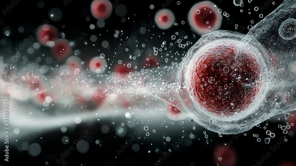 Aufkleber abstract image of red cells and a larger cell with a halo, floating in a swirling fluid against a bl