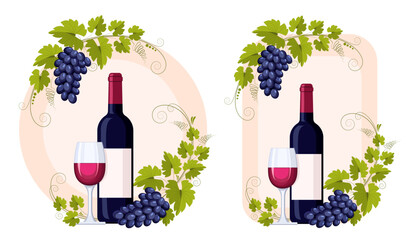 A bottle and glass of red wine and a grape branch with bunches of grapes and leaves. Ornament, pattern, design element. Wine and winemaking concept. Vector vintage pattern for menu and wine labels.