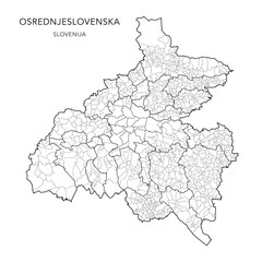 Vector Administrative Map of Central Slovenia Statistical Region Osrednjeslovenska with all Municipalities (Občine), Settlements (Naselja) and Districts of Ljubjana 2024