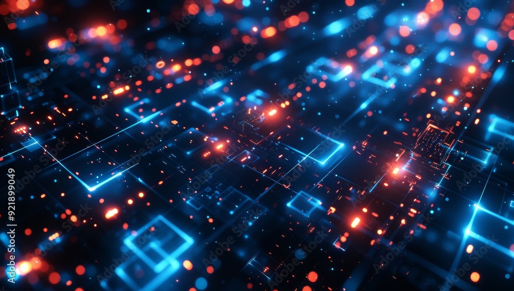 Poster a computer chip with a blue background and a lot of small squares