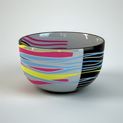 Exotic Japanese Bowl with Vibrant Colors and Intricate Patterns on White Background