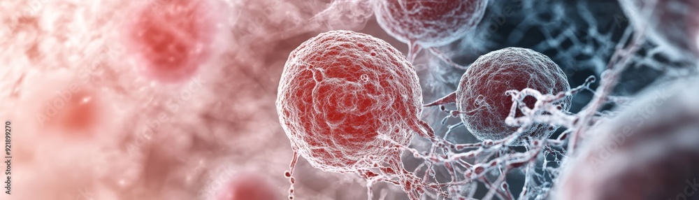 Poster abstract image of red and blue cells in a complex network.
