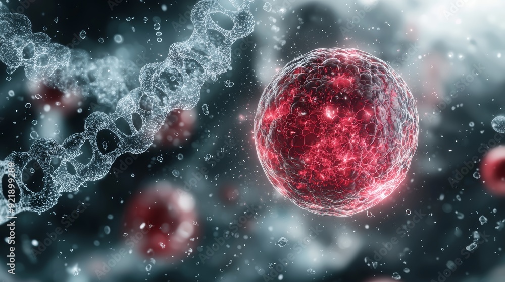 Poster a microscopic view of a cell with dna strand in the background. the cell is red and transparent, wit