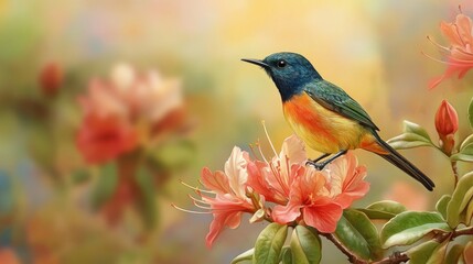 A Colorful Bird Perched on Delicate Flowers