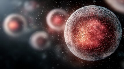 Close-up of a cell with a glowing nucleus, surrounded by other cells, on a dark background.