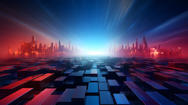 Red and Blue Gradient Background with C4D Modeled Technology City. Linear Geometric Rectangular Embellishments in 8K Resolution Depicting a Futuristic Urban Landscape with Advanced Technological