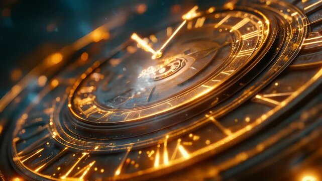 Mesmerizing Golden Clock Face with Glowing Particles at Night Symbolizing Flow of Time and Futuristic Concepts