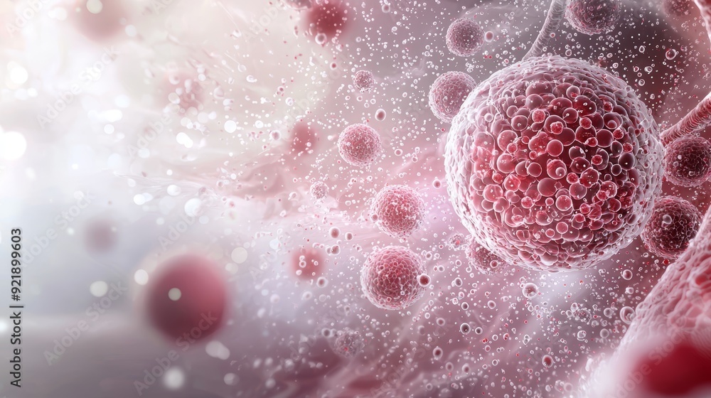 Poster abstract image of red cells and spheres in a white background, representing cellular division.
