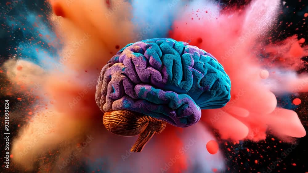 Poster exploding brain with colorful powder representing creativity innovation ideas and mental health on d