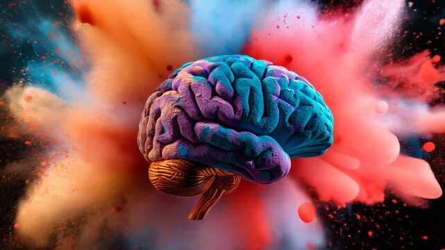 Exploding Brain with Colorful Powder Representing Creativity Innovation Ideas and Mental Health on Dark Background
