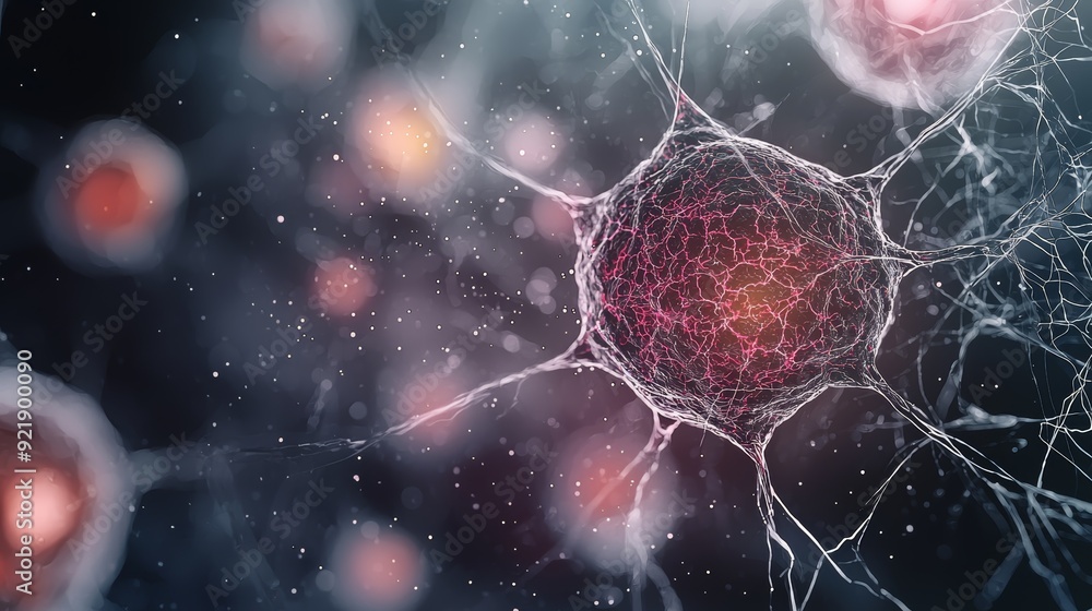 Aufkleber abstract microscopic image of a cell with intricate network and surrounding cells.